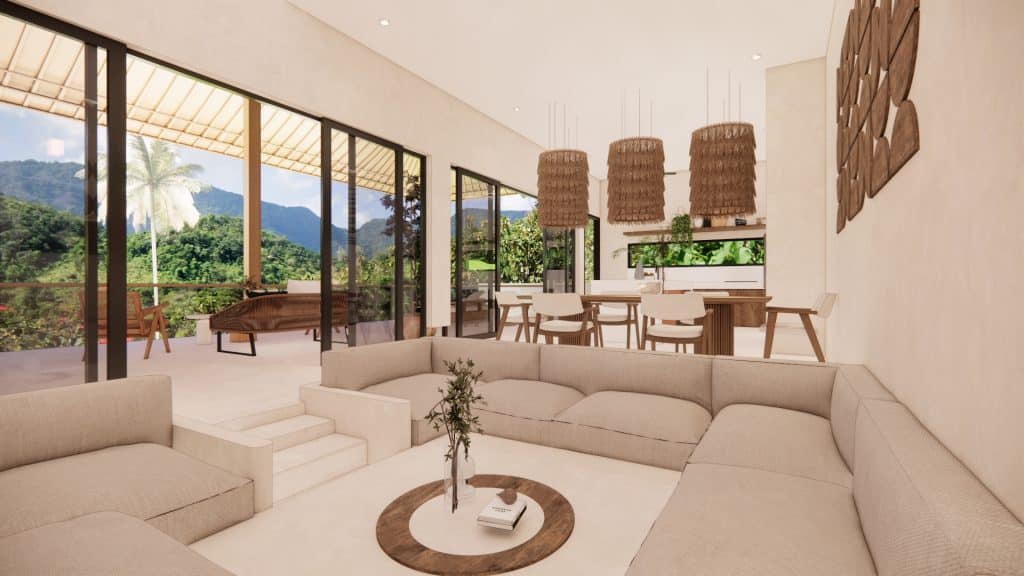 Open plan living room with sunken sofa, dining table and modern kitchen.