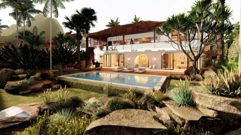 2-story villa in Amed, Bali with swimming pool and landscaped garden.