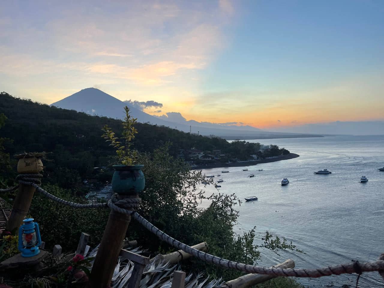 Jemaluk Bay at Amed Beach with Mount Agung in the distance.