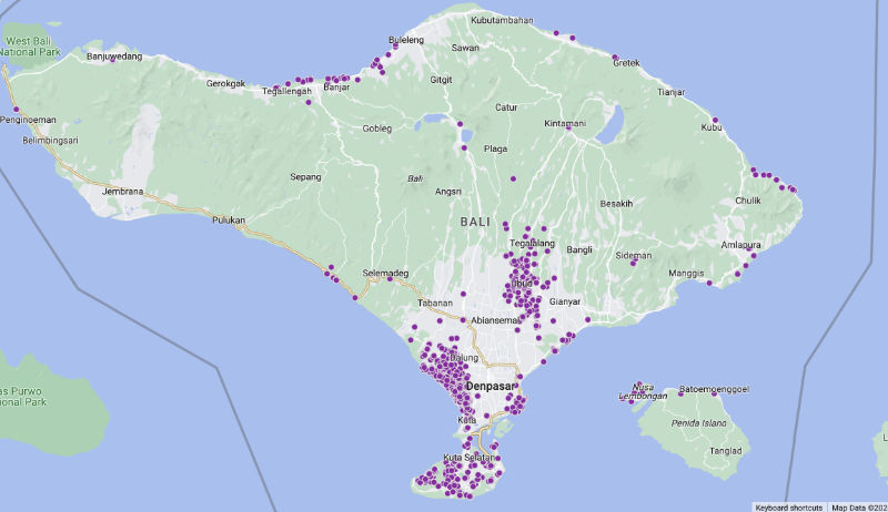 Map of Bali villa rental properties ass per AirDNA