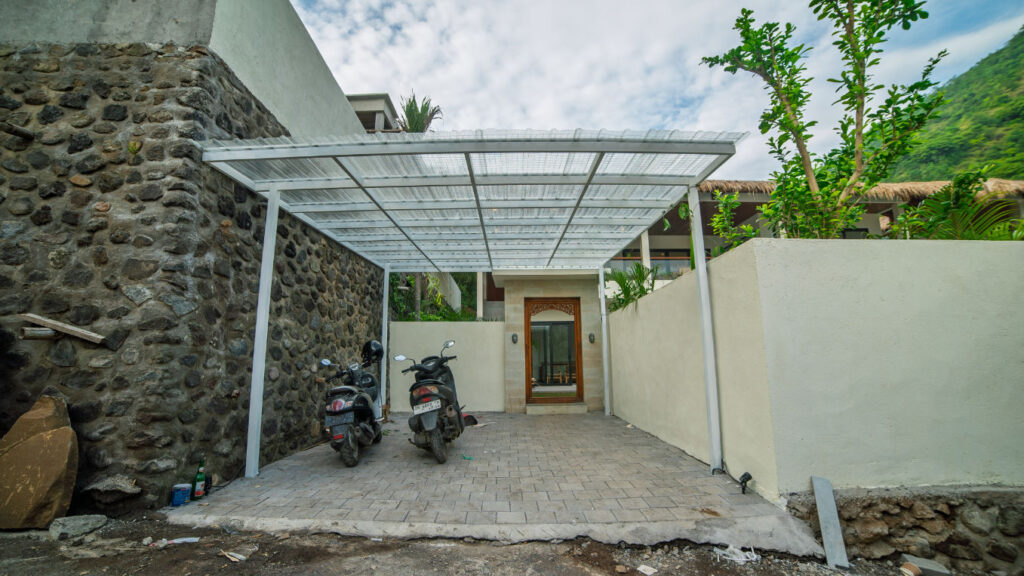 Balinese doorway and carport in a villa in Amed.