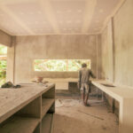 Building contractor working on the kitchen in Villa 9 on the Vesica Villas Celuke complex in Amed