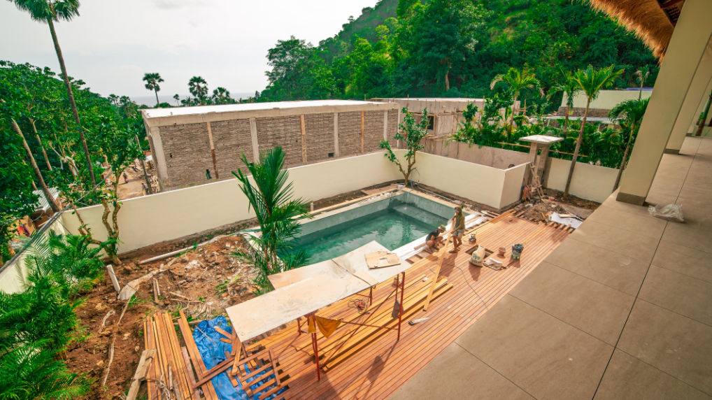 View of the Bali Sea from the balcony of a villa under construction in Amed.