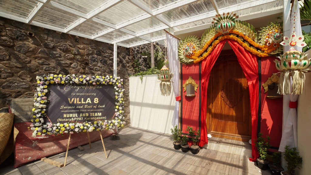 Entrance to House Blessing Ceremony in Amed decorated in traditional Balinese and Hindu style
